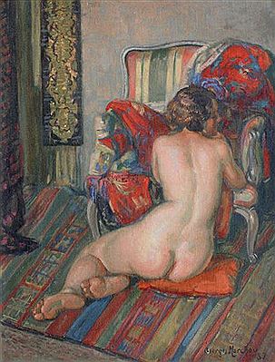 Nu assis de dos au fauteuil et à l'étoffe