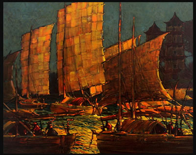 Gold Sails at Sunrise, Canton Harbor by Raymond Nott - Auction record, sale price, and art valuation. Compare with similar artists and explore comparable artworks.
