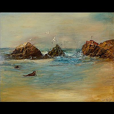 Portrait of Jules R Mersfelder: "View of Cliff House and Seal Rock with Self-Portrait"