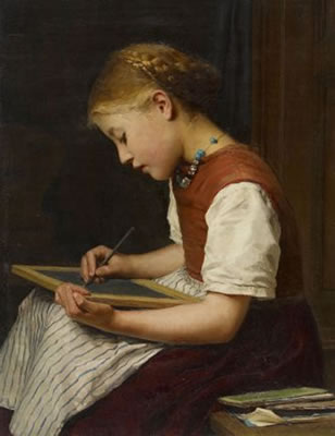 Schulmädchen bei den Hausaufgaben , 1879