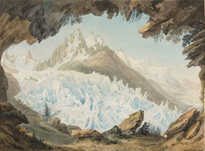 Artiste dessinant depuis la voûte nommée le Chapeau, le glacier des Bois et les aiguilles du Charmoz