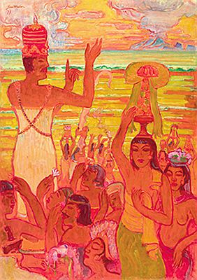 Purification of the Gods and Votive Offering by the Sea on Sanur Beach by Theo Meier - Auction record, sale price, and art valuation. Compare with similar artists and explore comparable artworks.