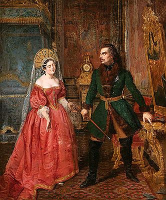 The tsar Peter I the Great breaking a mirror in the presence of his wife Catherine