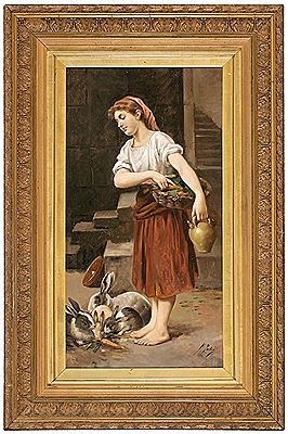 Girl feeding rabbits and Girl with a child (pair) by Rafael Julia Entraigues - Auction record, sale price, and art valuation. Compare with similar artists and explore comparable artworks.
