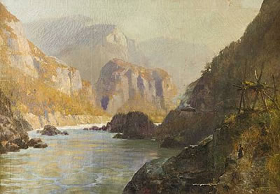 Train passing through the Fraser Canyon near an Indian fishing place by Frederic Marlett Bell-Smith - Auction record, sale price, and art valuation. Compare with similar artists and explore comparable artworks.