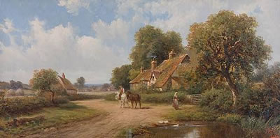 Figures outside a farmhouse by a pond; Shepherd with sheep on a country lane (a pair)
