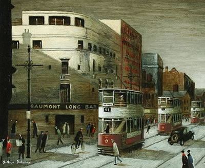 Street scene with figures and trams