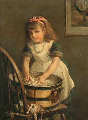 A young girl at a washtub with doll