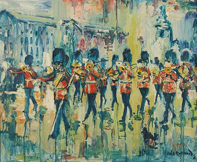 'Rain, Guards Band, Buckingham Palace by James Lawrence Isherwood - Auction record, sale price, and art valuation. Compare with similar artists and explore comparable artworks.