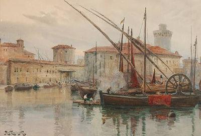 An Italian harbour with men tending boats