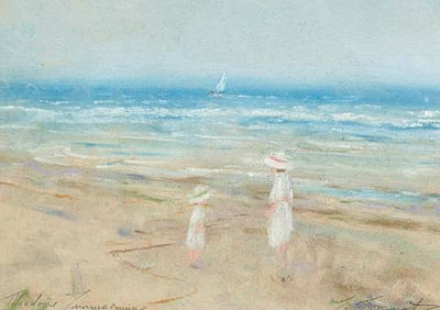 Two girls on the shore, at Le Touquet