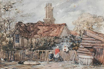Conversation over the garden gate, a farmhouse beyond