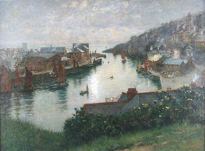 River landscape with boats at a port, houses and figures, possibly Cornwall by Arthur George Bell - Auction record, sale price, and art valuation. Compare with similar artists and explore comparable artworks.