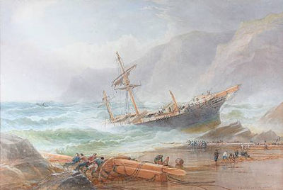 Shore scene with two figures by a boat