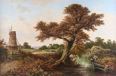 Figures in a tranquil river landscape by a windmill