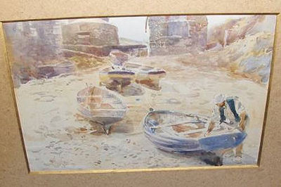 Man tending boats in a rocky cove by Frank Saltfleet - Auction record, sale price, and art valuation. Compare with similar artists and explore comparable artworks.