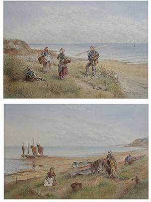 "The path by the cliff" possibly on the Yorkshire coast, together with "Drying Nets" (a pair)