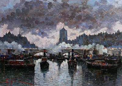 Steam boats in harbour at dusk