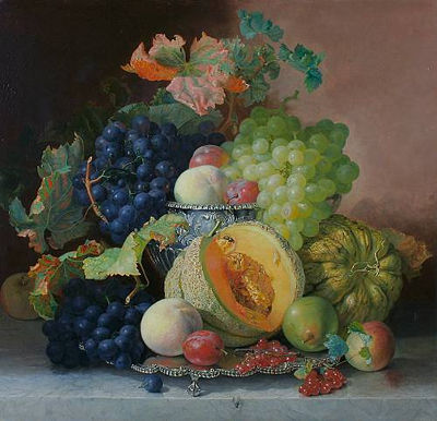 Still life of grapes, melon, pears plums and peaches in a silver bowl