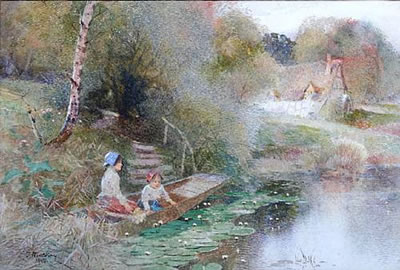 Two girls in a punt by the riverside by Thomas Mackay - Auction record, sale price, and art valuation. Compare with similar artists and explore comparable artworks.