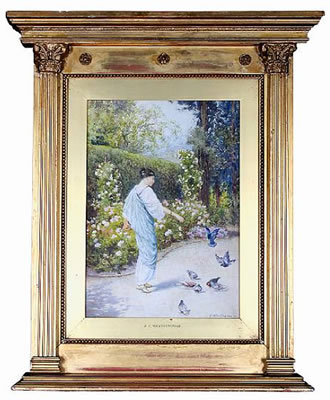 An elegant lady in a garden feeding the birds
