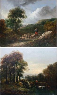 Girl herding sheep in a landscape; river landscape with cattle watering, a pair