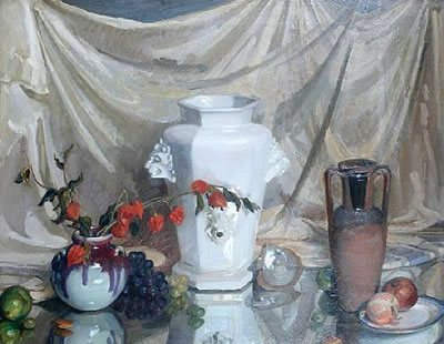 Still life of vases and fruit on a mirrored surface