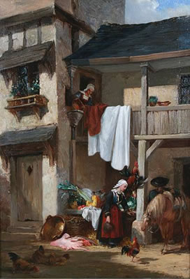 A Continental street scene with maids at a market stall by a house