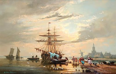 Unloading beached boats at sunset