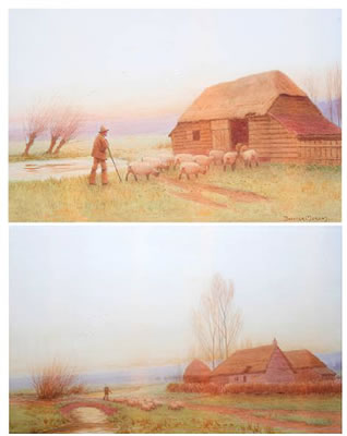 Shepherd and flock returning to the fold, together with another similar in a country landscape (a pair)