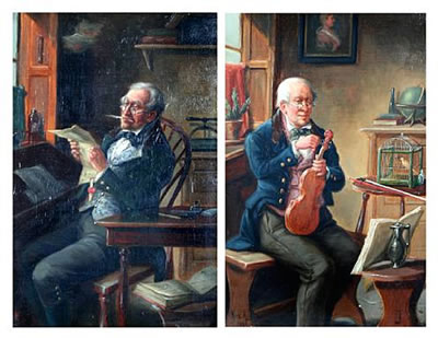 Gentleman tuning a violin, together with another of a gentleman reading a letter, a pair (2)