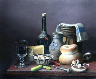 Still life with bottle, jar, bread and cheese