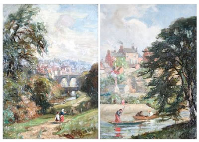 A view of Knaresborough with the River Nidd before,Sailing boats on the River Nidd with the town beyond, a pair (2)