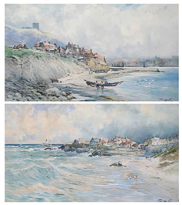 Fishermen on the shore, Whitby, and another, thought to be of fishermen's cottages and St Mary's lighthouse, at Whitley Bay (2) by Thomas Swift Hutton - Auction record, sale price, and art valuation. Compare with similar artists and explore comparable artworks.