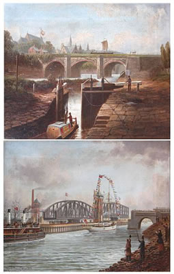 The Old Aquaduct - Barton (in 1880)' and another, Barton, The Ship Canal, with 'Horseman' and 'Snowdrop' passing (a pair)
