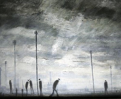 Standing figures and telegraph poles