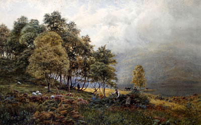 Wooded lake landscape with figures by the lakeside, thought to be Loch Awe by James Whaite - Auction record, sale price, and art valuation. Compare with similar artists and explore comparable artworks.