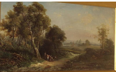 Country landscape with farmer and cattle on a wooded path, together with another of a cottage by a riverside with a huntsman before, a pair