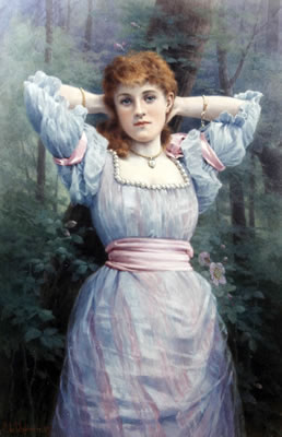 A young beauty, in a pink and white dress with pearls, in woodland by Georgiana L'Aubiniere - Auction record, sale price, and art valuation. Compare with similar artists and explore comparable artworks.
