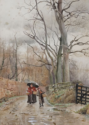 Mother and child on a wooded country lane by Thomas Bushby - Auction record, sale price, and art valuation. Compare with similar artists and explore comparable artworks.