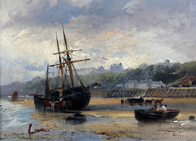 Fishing boats and figures on the sands, Scarborough; Cornish herring boats in the harbour at low tide, a pair