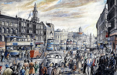 'Leeds Yorkshire', Boar Lane - a bustling street with figures and trams