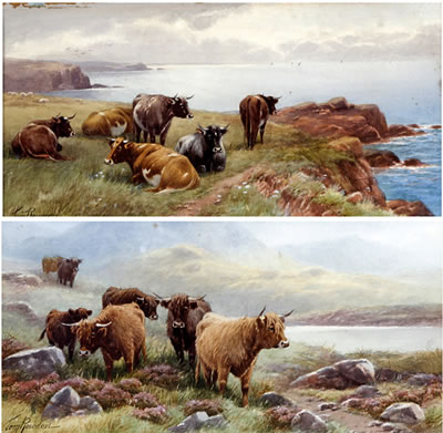 'Loch Eil, Inverness' - highland cattle by a loch side, and another of cattle before the coast (2) by Thomas Rowden - Auction record, sale price, and art valuation. Compare with similar artists and explore comparable artworks.