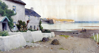 'The Peace of Evening Around a Golden Day', fisherman's cottages and harbour, probably Cemaes Bay