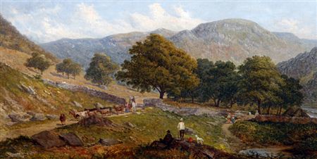 Hillside landscape with travellers, and cattle on a pathway