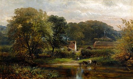 Figure and cattle by a river by a farm and hamlet in a river valley