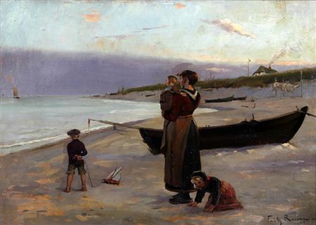 Woman and children on beach awaiting the fisherman's return