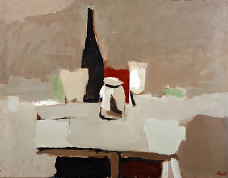 Table top still life with bottles and jars by George Kennerley - Auction record, sale price, and art valuation. Compare with similar artists and explore comparable artworks.