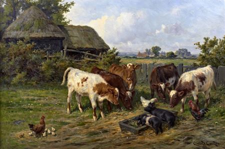 Sample artwork by Claude Lorraine Clark (1864 - 1937), known for rural genre, domestic scenes, horses, barnyard animals and landscape painting - View similar artists and auction records