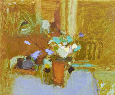 Still life of flowers in a pot on a table top
